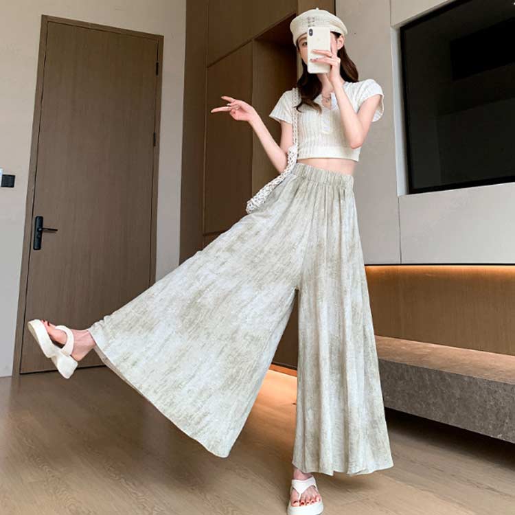 お洒落 フレアパンツ ウエストゴム プリント レディース ハイウエスト 体型カバー ...