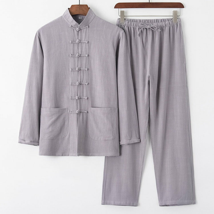 チャイナシャツ メンズ 上下セット 綿麻シャツ カジュアルシャツ 長袖 スタンドカラー チャイナ服 カンフーシャツ バンドカラー チャイナボダン パンツ リネン風シャツ トップス おしゃれ 男性 唐装 漢服 太極拳服 普段着 中華風 中華服 演出服 コスプレ