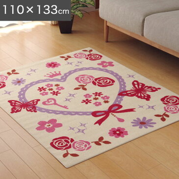 【送料無料】デスクカーペット 110×133cm (PK/IV) ハート リボン デスクマット カーペット 子ども部屋 女の子 柄 花 バラ ピンク アイボリー マット ラグ ルームマット キッズラグ フロアラグ 子供部屋 キッズルーム リボン かわいい モチーフ ラブリー 毛足が短い 不織布