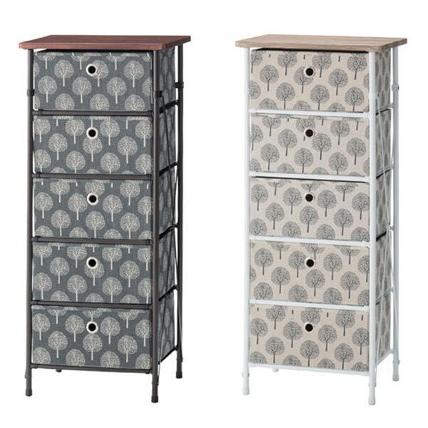 5段 チェスト (BE/GY) ファブリック地に描かれた北欧風の木のイラストがかわいい簡易引出し収納 ベージ..