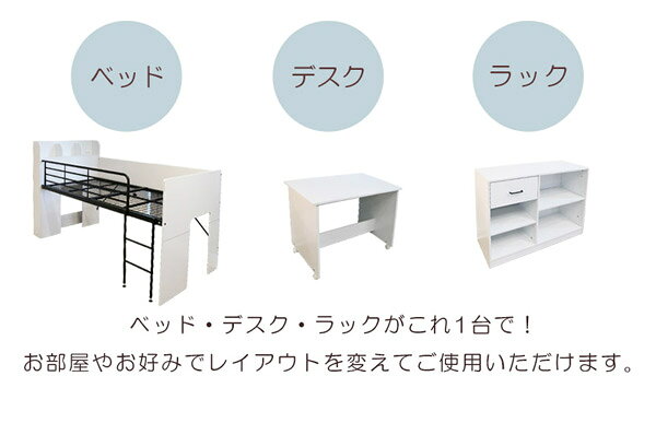 システムベッド 収納 ロフトベッド ロータイプ ミドルベッド 机付き 学習机 コンパクト 本棚付き 分離 分割 分割式 シングルベッド ミドル 子供 大人 木製 棚 ベッド下 フリースペース デスク 白 ホワイト [2]