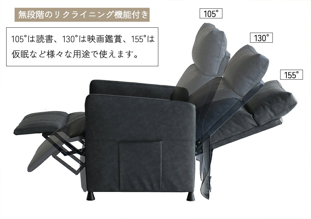 リクライニングソファ ブラック 電動 リクライナー機能付き パーソナルチェア パーソナルチェア 肘付き 無段階 幅70cm 奥行き83cm 高さ102cm 座面の高さ46cm シンプル/モダン/カジュアル/スタイリッシュ リビング [2]