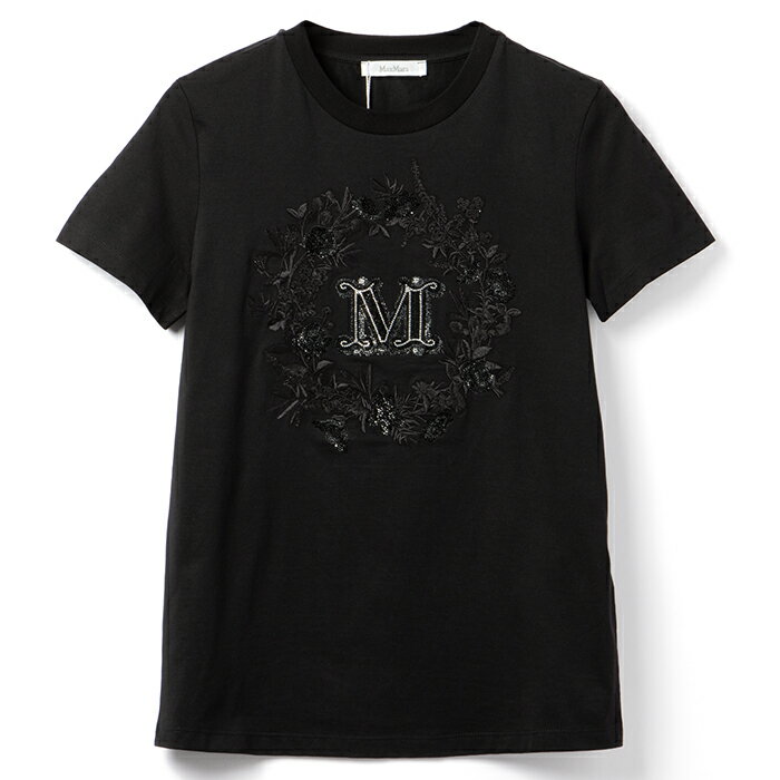 マックスマーラ MAX MARA Tシャツ ELMO 刺繍ロゴ 半袖シャツ クルーネック ショートスリーブ ラインストーン 2024年春夏新作 2411941011 0001