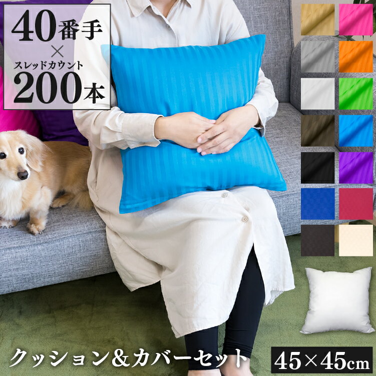 クッション + 選べるカバー付き 45×45cm 40番手 サテンストライプ | 綿100％ ボーダー 市松模様 抗菌防臭 おしゃれ かわいい 洗える 座布団カバー スクエア カバー インテリア 模様替え 寝室 ソファ 背当て 大人 子供 上品 オールシーズン カバーセット