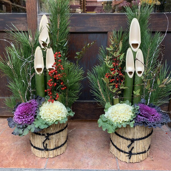 門松 一対（かどまつ）迎春 左右1対 2鉢セット価格 高さ60センチ 6号鉢植え 袴巻き 和の仕上がり 年末最後に♪【迎春/お正月/お歳暮】お正月 お歳暮 送料無料 年末年始 開運 松竹梅 寄せ植え 迎春門松『ご予約承り中』