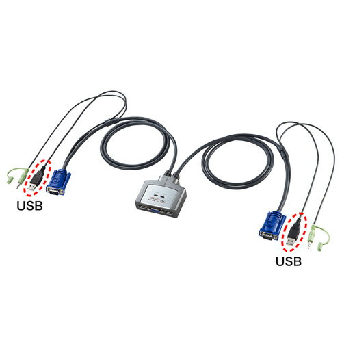 ■1組のUSBキーボード・USBマウス・ディスプレイ・スピーカーで2台のパソコンを切り替えて使用できます■ケーブル一体型のコンパクトタイプなので設置の際に場所をとりません■切替方法は[Ctrl]キーを2回押すだけの簡単操作。瞬時に2台のパソコンを切り替えます■接続されたパソコンの電源を入れたまま、コンソールの切替が可能です■キーボードポートをエミュレーションしているため、再起動(リブート)時にポートを切り替えなくても完全起動が可能です■接続された2台のパソコンを同時に起動することが可能です■ソフトウェアのインストールが不要で接続するだけで切り替えて使用することができます■オートスキャン機能搭載で接続されたパソコンを自動で切り替えて、各パソコンを監視することが可能です■高解像度2304×1440ドットまで表示可能■パソコンのUSBポートより電源を供給し動作するためACアダプタが不要ですSWKVM2AUUN対応パソコン：DOS/Vデスクトップパソコンまたはノートパソコン、Apple Macシリーズ(USB Aコネクタ メス、ミニD-sub(HD)15pinディスプレイコネクタを持つ機種)対応キーボード：USBキーボード※1、2、3対応マウス：USBマウス※3対応ディスプレイ：ミニD-sub(HD)15pinコネクタを持つマルチスキャンディスプレイ対応解像度：解像度2304×1440ドットまで表示可能。(DDC2B対応)対応スピーカー・マイク：3.5mmステレオミニプラグ接続のスピーカーもしくはマイク(同時に接続することはできません)対応OS：Windows 8.1、8、7、Vista、XP(32/64bit,各Editon対応)Windows Server 2012(R2)、Windows Server2008(R2)、Windows Server 2003(R2)Mac OSX、MacOS 9.0〜Linux(CentOS, uBuntu, OpenSUSE)インターフェース＜パソコン用＞：ディスプレイ：ミニD-sub(HD)15pinオス×2USB Aコネクタオス×2(マウス用と共用)スピーカー：3.5mmステレオミニプラグ×2＜コンソール用＞ディスプレイ：ミニD-sub(HD)15pinメス×1キーボード：USB Aコネクタメス×1マウス：USB Aコネクタメス×1スピーカー：3.5mmステレオミニジャック×1切替方式：ホットキー切替(パソコンAとBを切替)・・[Ctrl]キーを2回連続して押す(ただし同じCtrlキー)消費電力：動作電圧-USBポートから電源供給：DC＋5V消費電流：280mA(最大)動作時温度・湿度：0〜40℃ 湿度80%以下(結露なきこと)保管時温度・湿度：-20℃〜60℃ 湿度80%以下(結露なきこと)サイズ：W77.8×D68×H24mm(本体サイズ)ケーブル長：1.2m重量：348g付属品：取扱説明書(保証書付き)注意※1 キーボードに搭載されているUSBハブポートは本製品経由では使用することはできませんキーボードに搭載されている特殊ボタンなどドライバを要する機能についても本製品経由では使用することができません※2 指紋認証機能付キーボード、トラックパッド付キーボードなどでは動作しないことがあります※3 Blutoothキーボード・Bluetoothマウスは非対応ですご注意すべてのパソコン・キーボード・マウスの動作を保証するものではありませんキーボード、マウスにおいてドライバのインストールを要する特殊なボタン、ファンクションキーについては本切替器経由では動作しないことがありますワンタッチボタンによるレジューム・サスペンド機能は対応しておりません。ノートパソコンにも対応したパソコン自動切替器