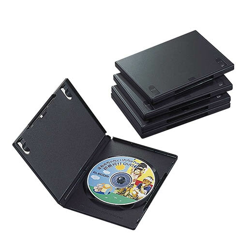 ■分類に便利な背ラベル&アイコンシール付■ワンプッシュ式で取り出しカンタンDVDに無理な力がかかりません■ブックレットも収納できます内寸(W)122×(D)4.5×(H)185mmCCDDVD02BKサイズ：W136mm×D15mm×H191mm重量：74g材質：PP(ポリプロピレン)カラー：ブラック収納枚数：CDまたはDVD1枚入り数：5インデックスシール：○その他：インデックスシール=2シート(背ラベル8枚、アイコンシール28枚)　