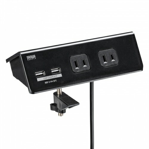 ■クランプで固定して使用できる便利なUSBポート付きタップ■前面には、USBポートが2つ■一括集中スイッチを搭載■底面には滑り止めシートが付いていますTAPB105U3BKN定格入力：AC100〜125V 50/60HzAC差込口定格容量：14A・100V(1400Wまで)AC差込口数：2P・4個口(前面2個口、背面2個口)USBポート定格出力：DC5V・2.4A(合計)USBポート数：USB Aポート×2(前面のみ)プラグ仕様：2P(絶縁キャップ付きスイングプラグ)コード：VFF 1.8スケア(SQ)×2心 仕上り外形寸法 約4.2mm×7.6mm電源コード長：3mクランプ固定範囲：天板厚みで10mm〜50mmまで対応可能サイズ：W182.5×D80×H46mm(クランプを除く)使用地域：日本国内のみ。日本以外ではご使用いただけません適合規格：電気用品安全法(PSE)技術基準適合品クランプで固定して使用できる便利なUSBポート付きタップ