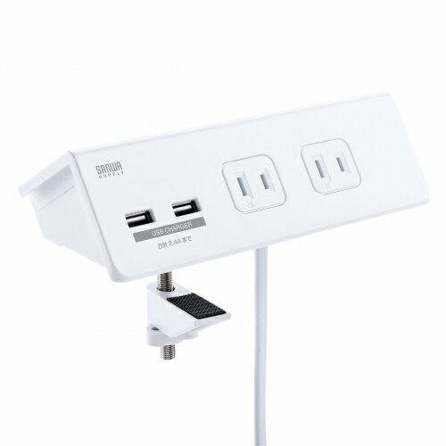 ■クランプで固定して使用できる便利なUSBポート付きタップ■前面には、USBポートが2つ■一括集中スイッチを搭載■底面には滑り止めシートが付いていますTAPB105U3WN定格入力：AC100〜125V 50/60HzAC差込口定格容量：14A・100V(1400Wまで)AC差込口数：2P・4個口(前面2個口、背面2個口)USBポート定格出力：DC5V・2.4A(合計)USBポート数：USB Aポート×2(前面のみ)プラグ仕様：2P(絶縁キャップ付きスイングプラグ)コード：VFF 1.8スケア(SQ)×2心 仕上り外形寸法 約4.2mm×7.6mm電源コード長：3mクランプ固定範囲：天板厚みで10mm〜50mmまで対応可能サイズ：W182.5×D80×H46mm(クランプを除く)使用地域：日本国内のみ。日本以外ではご使用いただけません適合規格：電気用品安全法(PSE)技術基準適合品クランプで固定して使用できる便利なUSBポート付きタップ
