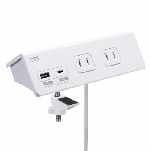 ■手元にタップを固定できるクランプ式■AC×4、USB A×1、Type-C×1ポートを搭載■一括集中スイッチを搭載■滑り止め・キズ防止のゴム付きTAPB105UC3W定格容量：14A・100V(合計1400Wまで)USBポート定格出力：DC5V 合計3.9AUSBポート定格入力：AC100V〜125V　50/60Hz差込口：2P(ノーマルタイプ)・4個口(前面2個口、背面2個口)差込口間隔：45mmプラグ形状：2P(絶縁キャップ付きスイングプラグ)コード：VFF 1.8スケア(SQ)×2心 仕上り外形寸法 約4.2×7.6mmUSBポート数：2ポート USB A×1ポート、Type-C×1ポート(前面のみ)電源コード長：3mブレーカー：一括集中スイッチ型スイッチ：一括集中スイッチサイズ：W182.5×D80×H46mm(クランプ除く)重量：624gクランプ固定範囲：天板厚みで10mm〜50mmまで対応可能使用地域：日本国内のみ。日本以外ではご使用いただけません適合規格：電気用品安全法(PSE)技術基準適合品PSE適合規格：ありクランプで固定して使用できる便利なType-C搭載のUSBポート付きタップ