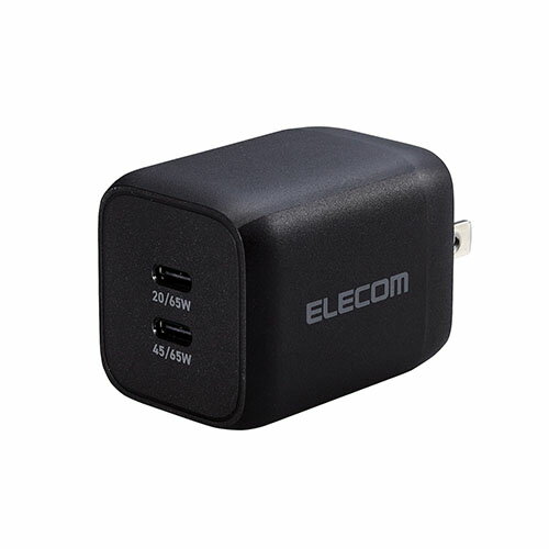 ■USB Type-C(TM)(USB-C(TM))ポートを2ポート搭載し対応するスマートフォン、タブレット、ノートパソコンなどを充電できる、GaN(窒化ガリウム)を採用し小型で軽量なUSB AC充電器です。■※USB Power Delivery規格65Wまでで充電できる機器に限ります。■出力端子が2ポートあるので、iPhoneなどのスマートフォンとWindowsなどのノートパソコンを2台同時充電できます。■※2ポート同時出力時は合計最大65Wとなります。■USB Type-Cポートは、USB Power Delivery規格、オプションのPPS(Programmable Power Supply)規格に対応し、同規格に対応するノートパソコンやスマートフォン、タブレットなどの充電可能です。■USB Type-Cポート単独使用時、機器に応じて出力が5V/3A、9V/3A、12V/3A、15V/3A、20V/3.25Aと可変し、iPhoneなどのスマートフォンから、iPadなどのタブレット、高性能なWindowsノートパソコンまで幅広く充電できます。■小型・軽量なので外出や出張などの際の持ち運びに便利です。■未使用時は、電源プラグを折りたたんで充電器本体に収納できるので持ち運びにも便利です。■耐トラッキング性の要求事項(PSE:電気用品安全法)を満たしたコンセントプラグを採用しています。■USB Power Delivery(パワーデリバリー)とは、アダプターと接続機器間で情報をやり取りすることで、その機器間における最適な電力を選択し、高速充電を実現するUSB規格です。■本製品はUSB-IFのテストと同等のテストを弊社独自で実施し、高い安全性が保たれており、USB Power Delivery対応製品にご使用いただけます。■PPS(Programmable Power Supply)とは0.2V単位で電圧を調整し、最適な電力で効率的に供給することができるUSB Power Delivery 3.0のオプション規格です。■※本製品のUSB Power Delivery最大出力は65Wです。PPS(Programmable Power Supply)最大出力は65Wです。■※本製品にケーブルは同梱しておりません。別途MFi認証品のUSB Type-C - Lightningケーブルや、エレコムのUSB規格認証USB Type-C - USB Type-Cケーブル等をご用意ください。■※機器本体や充電器が濡れた状態で充電すると、異常な発熱・焼損の原因となり大変危険ですのでおやめください。■※USB Type-C and USB-C are trademarks of USB Implementers Forum ■自社環境認定基準を1つ以上満たし、『THINK ECOLOGY』マークを表示した製品です。■廃棄物削減に取り組み、製品に同梱する取扱説明書等をペーパーレス化した製品です。■環境保全に取り組み、製品の包装容器におけるプラスチック重量を、社内基準製品より20%以上削減した製品です。■環境保全に取り組み、製品の包装容器が紙・ダンボール・ポリ袋のみで構成されている製品です。ACDCPD4365BK対応機種:各USB Type-C(TM)(USB-C(TM))ポートからUSB Power Delivery(65W)、オプション規格であるPPS(Programmable Power Supply)の規格内で充電が可能な機器。2ポート同時接続時も合計最大65Wまでの出力で充電、給電可能な機器とその組み合わせ。 コネクタ形状:USB Type-C(TM)(USB-C(TM))ポート×2 定格入力電圧:AC100〜240V、50/60Hz 定格入力電流:1.5A 外形寸法:幅約52mm×厚み約38mm×高さ約40.5mm 重量:約106g カラー:ブラック コンセントプラグ仕様:90度スイング構造 使用温度:0℃〜25℃ 法令:◇PSE 特定電気用品 保証期間:1年間 その他:※USB Type-C and USB-C are trademarks of USB Implementers Forum 定格出力電力1:単独接続時:USB Type-C1(TM)(USB-C1(TM))/USB Type-C2ポート最大出力65W、PPS最大出力65W、QC最大出力18W 定格出力電力2:2ポート同時接続時:合計最大出力65W、USB Type-C1ポート最大出力45W、PPS最大出力45W、QC最大出力18W、USB Type-C2ポート最大出力20W、PPS最大出力20W、QC最大出力18W 定格出力電圧1:単独接続時:USB Type-C1(TM)(USB-C1(TM))ポート/USB Type-C2ポート:5V/9V/12V/15V/20V、PPS出力3.3〜21V、QC出力3.6〜6V/6〜9V/9〜12V 定格出力電圧2:2ポート同時接続時:USB Type-C1ポート:5V/9V/12V/15V/20V、PPS出力3.3〜16V、QC出力3.6〜6V/6〜9V/9〜12V、USB Type-C2ポート:5V/9V、PPS出力3.3〜5.9V/3.3〜11V、QC出力3.6〜6V/6〜9V/9〜12V 定格出力電流1:単独接続時:USB Type-C1(TM)(USB-C1(TM))ポート/USB Type-C2ポート:5V/9V/12V/15V時3A、20V時3.25A、PPS出力3.3〜21V時3.25A、QC出力3.6〜6V時3A、6〜9V時2A、9〜12V時1.5A 定格出力電流2:2ポート同時接続時:USB Type-C1ポート:5V/9V/12V/15V時3A、20V時2.25A、PPS出力3.3〜16V時3A、QC出力3.6〜6V時3A、6〜9V時2A、9〜12V時1.5A、USB Type-C2ポート:5V時3A、9V時2.22A、PPS出力3.3〜5.9V時3A、3.3〜11V時2A、QC出力3.6〜6V時3A、6〜9V時2A、9〜12V時1.5Aスマートフォンとノートパソコンを2台同時充電できるUSB AC充電器