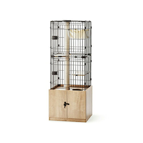 ■キャットケージ、キャットタワー、収納が一つになった1台3役の隠れ家キャットランドケージです。ハンモック付きでケージの中でもゆったりくつろげます。ステップ付きなので、上り下りしやすいです。ゆったり過ごせるボックス付きで、トイレを隠せばお部屋をすっきりさせることができます。PKC600素材：　【パネル】スチール(粉体塗装)　【板】合成樹脂化粧パーティクルボード(メラミン樹脂)　【パネルジョイント・上下連結パーツ・コーナージョイント】ポリプロピレン　【扉ロック】ABS樹脂　【ハンモック】ポリエステル100%　【爪とぎ】麻入口サイズ(約)：ケージ：幅20×高さ45cm(扉ロック含まず)、木製ボックス：幅50×高さ36cm(補強板含まず)内寸(約)：ケージ：幅54×奥行48cm、木製ボックス：幅55×奥行50×高さ36cm(ヒンジ・補強板含まず)棚板サイズ(約)：幅22×奥行46cm耐荷重(約)：6kg(棚板・ハンモック1枚あたり)　
