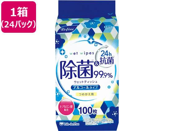 【代引不可商品】仕入先よりお客様宅へ直送手配いたします商品です。そのため代引きは対応致しかねます。アルコールで99％の強力除菌。ヒアルロン酸を配合した肌にもやさしい無香料ウエットタイプのボトル用つめかえ。●仕様：つめかえ●アルコール＋ヒアルロン酸配合●無香料●シートサイズ：約140×200mm●内容量：1パック（100枚）●注文単位：1箱（24パック）※メーカーの都合により、パッケージ・仕様等は予告なく変更になる場合がございます。　