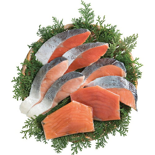 ■紅鮭切身（ロシア産又はアメリカ産）・銀鮭切身（チリ産）・秋鮭切身（国産）（80g×2切）×各1、紅鮭スモークスライス（ロシア産又はアメリカ産）・トラウトサーモンスモークスライス（チリ産又はノルウェー産）60g×各13種の甘塩味の鮭切身（紅鮭、銀鮭、秋鮭）と2種のスモークサーモン（紅鮭、トラウトサーモン）が楽しめるセットになります。　