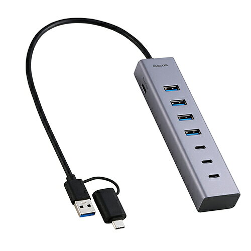 ■USB-Aポート×4、USB Type-C(TM)ポート×3を搭載。マウスやキーボード、USBメモリなどをこの1台にまとめて接続できます。■USB-AプラグをUSB Type-Cプラグに変換するアダプター付きで、さまざまな機器に接続可能です。■USB 5Gbps(USB3.2(Gen1))対応によりHi-Speed USB(USB2.0)の約10倍の速度で、書類・写真などの大容量データの転送ができます。 ※理論値U3HCT070SVコネクター仕様(アップストリーム)：USB-Aプラグ×1[USB 5Gbps(USB3.2(Gen1))]※USB Type-C(TM)変換アダプター付き USBポート(ダウンストリーム)：USB-Aポート×4[USB 5Gbps(USB3.2(Gen1))]、USB Type-Cポート×3[USB 5Gbps(USB3.2(Gen1))]、USB Type-Cポート×1[給電専用(最大入力15W)]対応OS(Windows)：Windows 11/10 対応OS(macOS)：macOS Tahoe 26 対応OS(iPadOS)：iPadOS 26 対応OS 備考：※各OSの最新バージョンへのアップデートや、サービスパックのインストールが必要になる場合があります。 電源方式：バスパワー/セルフパワー共用 電源：DC 5V/3A 供給可能電流：7ポート合計3A以内(USB Type-Cポートは各ポート1.5A以内)VCCI：Class B対応 ケーブル長：約26cm ※コネクター含まず 外形寸法：幅約32mm×奥行約138mm×高さ約19mm ※ケーブル含まず 重量：約83g カラー：シルバー 使用温度範囲：5℃〜40℃ 使用湿度範囲：30%〜80% ※結露なきこと 保証期間：1年間これ1台でポート不足を一気に解消!