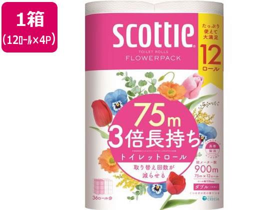 3倍長持ちトイレットペーパー12ロールで36ロール分の長さたっぷり使えて取り替えの手間を軽減省スペース化で保管もスッキリ家庭用トイレホルダー適応サイズくつろぎの花の香りつき当社独自のふんわりキープ長巻製法によるやわらか長持ちロール●入数：ダブル75m●紙幅：108mm●注文単位：1箱（12ロール×4パック）※メーカーの都合により、パッケージ・仕様等は予告なく変更になる場合がございます。　