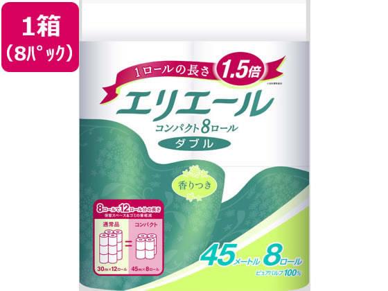 持ち運びやすく、保管に場所を取らないコンパクトサイズです。8ロールで12ロール分の長さ。（メーカー通常品比）持ち運びやすく、保管に場所を取らないコンパクトサイズ。天然ハーブオイル配合。リラックス感のある香り。吸水性に優れているので、温水洗浄トイレにも適しています。蛍光染料は使用していません。ふっくらやわらかな肌ざわりエリエールのNewSoft＆Bulk製法●ダブル（二枚重ね）●紙幅：114mm●長さ：45m●個装サイズ：228×225×225mm●重量：1405g●ミシン目入り●材質：ピュアパルプ100％●注文単位：1箱（8ロール×8パック）※メーカーの都合により、パッケージ・仕様等は予告なく変更になる場合がございます。　