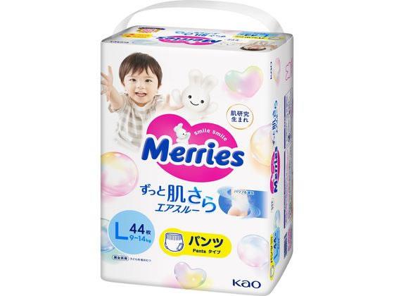 【代引不可商品】仕入先よりお客様宅へ直送手配いたします商品です。そのため代引きは対応致しかねます。素肌さらさら　快適フィット！ウエストギャザーに「空気トンネル」。肌とギャザーの間からムレを追い出す。汗をかきやすい背中も肌さらさら！おむつ全体が通気性素材だから、おしっこは通さずムレだけを追い出す。元気に動いても肌さらさら。ウエストがふんわり2．5倍＊ものびるからはかせやすい！しめつけない！おなかまわりはふんわりフィット。その分、腰でキュッと支えてずりおちない独自設計。モレもしっかり防いで安心。＊のばす前に対して（花王調べ）●用途：ベビー用紙おむつ（パンツタイプ）●仕様：男女共用Lサイズ、44枚入●適応目安：体重9〜14kg●材質：「表面材」ポリエステル、ポリオレフィン不織布「吸水材」吸収紙、綿状パルプ、アクリル系高分子吸水材「防水材」ポリオレフィン系フィルム「止着材」ポリオレフィン系フィルム「伸縮材」ポリウレタン「結合材」スチレン系エラストマー合成樹脂など※メーカーの都合により、パッケージ・仕様等は予告なく変更になる場合がございます。　