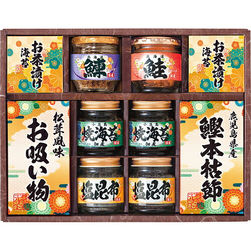 ■焼きのり入佃煮85g×2、塩昆布18g×2、鰹本枯節（2．5g×3）×1、松茸風味お吸い物（2．3g×4・顆粒）×1、お茶漬け海苔（4．7g×2）×2、鰊フレーク50g×1、鮭フレーク40g×1和食ならではの繊細な味を詰合せた食卓にあると嬉しいギフトセットです。突然の来客にも重宝します。■様々な用途/年代の方にご利用いただけます。ギフト プレゼント ギフトセット セット 詰め合わせ 贈答品 手土産 プチギフト お配りギフト 体験ギフト ソーシャルギフト 内祝 内祝い お祝い返し お返し 御礼 お礼 ごあいさつ ご挨拶 御挨拶 結婚祝い ウェディングギフト ブライダルギフト 引き出物 引出物 結婚引き出物 結婚引出物 結婚内祝い 披露宴 二次会 結婚式 結婚記念日 金婚式 銀婚式 ダイヤモンド婚式 出産祝い 出産内祝い 命名内祝い 初節句 七五三 入園祝い 入学祝い 卒園祝い 卒業祝い 成人式 成人祝い 就職祝い 入園内祝い 入学内祝い 卒園内祝い 卒業内祝い 就職内祝い 新築内祝い 引越し内祝い 快気内祝い 開店内祝い 新築祝い 上棟祝い 引っ越し祝い 引越し祝い 開店祝い 退職祝い 昇進祝い 初老祝い 還暦祝い 古稀祝い 喜寿祝い 傘寿祝い 米寿祝い 卒寿祝い 白寿祝い 長寿祝い お香典返し 香典返し 志 満中陰志 弔事 会葬御礼 法要 法事 法要引き出物 法要引出物 法事引き出物 法事引出物 忌明け 四十九日 七七日忌明け志 一周忌 三回忌 回忌法要 偲び草 粗供養 初盆 供物 お供え お中元 御中元 夏ギフト お歳暮 御歳暮 お年賀 御年賀 残暑見舞い 年始挨拶 父の日 ちちの日 母の日 ははの日 敬老の日 クリスマスプレゼント バレンタインデー ホワイトデー 法人注文 まとめ買い 大量注文 ゴルフコンペ コンペ景品 景品 賞品 粗品 記念品 卒業記念品 卒園記念品 定年退職記念品 人気 父 母 父親 母親 お父さん お母さん 義父 義母 祖父 祖母 おじいちゃん おばあちゃん 叔父 叔母 兄 姉 弟 妹 両親 親戚 家族 友人 友達 女友達 男性 男子 女性 女子 夫 妻 旦那さん 奥さん カップル 彼氏 彼女 会社 同僚 上司 部下 取引先 先生 ママ友 キッズ ベビー 子供 幼稚園 小学生 中学生 高校生 大学生 社会人 成人 20代 30代 40代 50代 60代 70代 80代 敬老会■当店では、金額のわかる明細書等は同梱しておりません。■熨斗・包装・メッセージカード等のギフト対応は行っておりませんので、予めご了承ください。　
