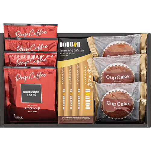 ■エクセルシオールカフェドリップコーヒー（モカブレンド）×4、ドトールインスタントスティックカフェオレ×4、カップケーキ（メープル）×3都心部を中心に展開するカフェチェーン「エクセルシオールカフェ」のドリップコーヒーと軽やかな口当たりが人気のケーキを詰め合わせました。ブレイクタイムにピッタリなギフトセットです。■様々な用途/年代の方にご利用いただけます。ギフト プレゼント ギフトセット セット 詰め合わせ 贈答品 手土産 プチギフト お配りギフト 体験ギフト ソーシャルギフト 内祝 内祝い お祝い返し お返し 御礼 お礼 ごあいさつ ご挨拶 御挨拶 結婚祝い ウェディングギフト ブライダルギフト 引き出物 引出物 結婚引き出物 結婚引出物 結婚内祝い 披露宴 二次会 結婚式 結婚記念日 金婚式 銀婚式 ダイヤモンド婚式 出産祝い 出産内祝い 命名内祝い 初節句 七五三 入園祝い 入学祝い 卒園祝い 卒業祝い 成人式 成人祝い 就職祝い 入園内祝い 入学内祝い 卒園内祝い 卒業内祝い 就職内祝い 新築内祝い 引越し内祝い 快気内祝い 開店内祝い 新築祝い 上棟祝い 引っ越し祝い 引越し祝い 開店祝い 退職祝い 昇進祝い 初老祝い 還暦祝い 古稀祝い 喜寿祝い 傘寿祝い 米寿祝い 卒寿祝い 白寿祝い 長寿祝い お香典返し 香典返し 志 満中陰志 弔事 会葬御礼 法要 法事 法要引き出物 法要引出物 法事引き出物 法事引出物 忌明け 四十九日 七七日忌明け志 一周忌 三回忌 回忌法要 偲び草 粗供養 初盆 供物 お供え お中元 御中元 夏ギフト お歳暮 御歳暮 お年賀 御年賀 残暑見舞い 年始挨拶 父の日 ちちの日 母の日 ははの日 敬老の日 クリスマスプレゼント バレンタインデー ホワイトデー 法人注文 まとめ買い 大量注文 ゴルフコンペ コンペ景品 景品 賞品 粗品 記念品 卒業記念品 卒園記念品 定年退職記念品 人気 父 母 父親 母親 お父さん お母さん 義父 義母 祖父 祖母 おじいちゃん おばあちゃん 叔父 叔母 兄 姉 弟 妹 両親 親戚 家族 友人 友達 女友達 男性 男子 女性 女子 夫 妻 旦那さん 奥さん カップル 彼氏 彼女 会社 同僚 上司 部下 取引先 先生 ママ友 キッズ ベビー 子供 幼稚園 小学生 中学生 高校生 大学生 社会人 成人 20代 30代 40代 50代 60代 70代 80代 敬老会■当店では、金額のわかる明細書等は同梱しておりません。■熨斗・包装・メッセージカード等のギフト対応は行っておりませんので、予めご了承ください。　