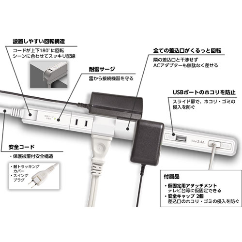 ELPA 電源タップ スリム回転USBタップ 4口 2m ホワイト WBS-SL402USB(W) OAタップ 延長コード 電源コード USBポート 3