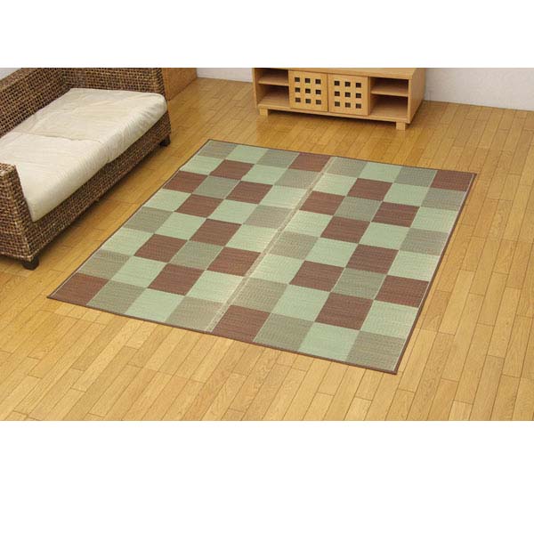 イケヒコ 純国産 い草花ござカーペット 『ブロック』 江戸間2畳(約174×174cm) ブラウン [ ラグ カーペット ござ い草 イ草 国産 日本製 ]『代引不可』『送料無料（一部地域除く）』