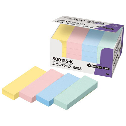 3M ふせん ポストイット 強粘着 エコノパック 75×25mm 混色 90枚×20冊入 5001SS-K スリーエム post-it 付箋 粘着メモ