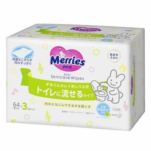 花王 メリーズ するりんキレイおしりふき トイレに流せるタイプ 64枚入×3個 生活雑貨 消耗品 ベビー 衛生 ウェットティッシュ ウエットティッシュのサムネイル