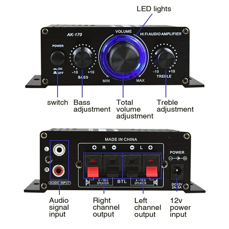 パワーアンプ デジタルアンプ オーディオアンプ 小型 2ch 出力20W＋20W USB SD カード再生可 HiFiステレオアンプ マイク対応 ハイパワー 高音質 アルミボディ コンパクト 重低音調整 リモコン 車載用に 12V/2A アダプター付 oneup-10006915 良品本舗 ONEUP サンプル画像2