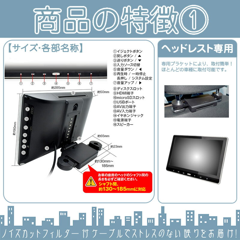 11.6インチヘッドレストモニターDVD内蔵型12V車対応外部液晶モニター車載用後部座席DVDプレーヤーTVdvd内蔵当店だけのノイズ対策済ヘッドレストモニターリアモニター家族子供同乗者向け【2台セット】