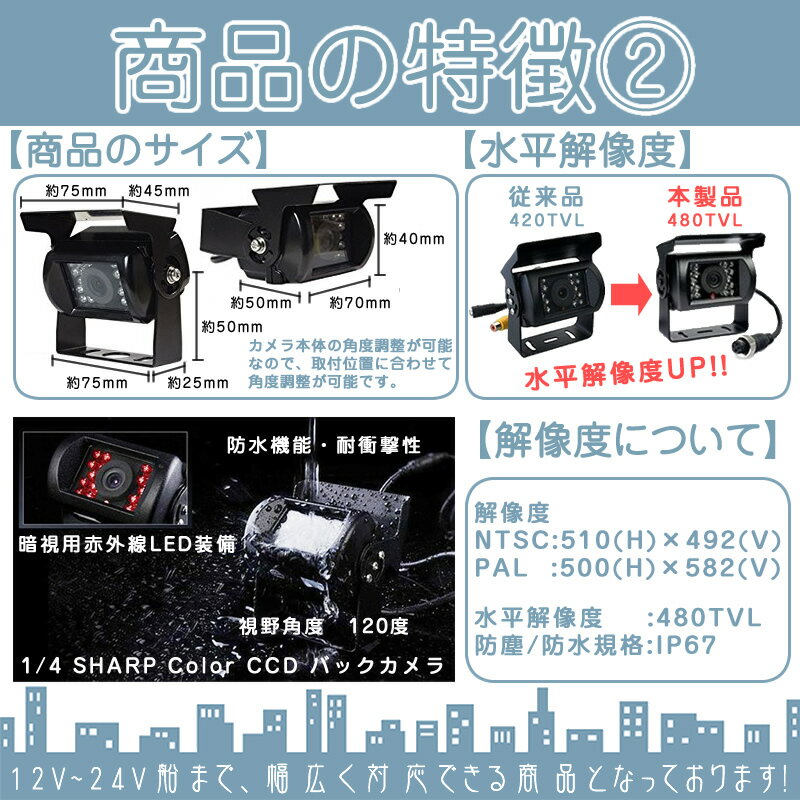 7インチオンダッシュモニターバックカメラ2台セット(予備1台)赤外線LED搭載安心の暗視カメラノイズ対策済み4ピンケーブル!12V/24V電源対応船船舶作業船漁船クルーザー内燃機関監視にも!
