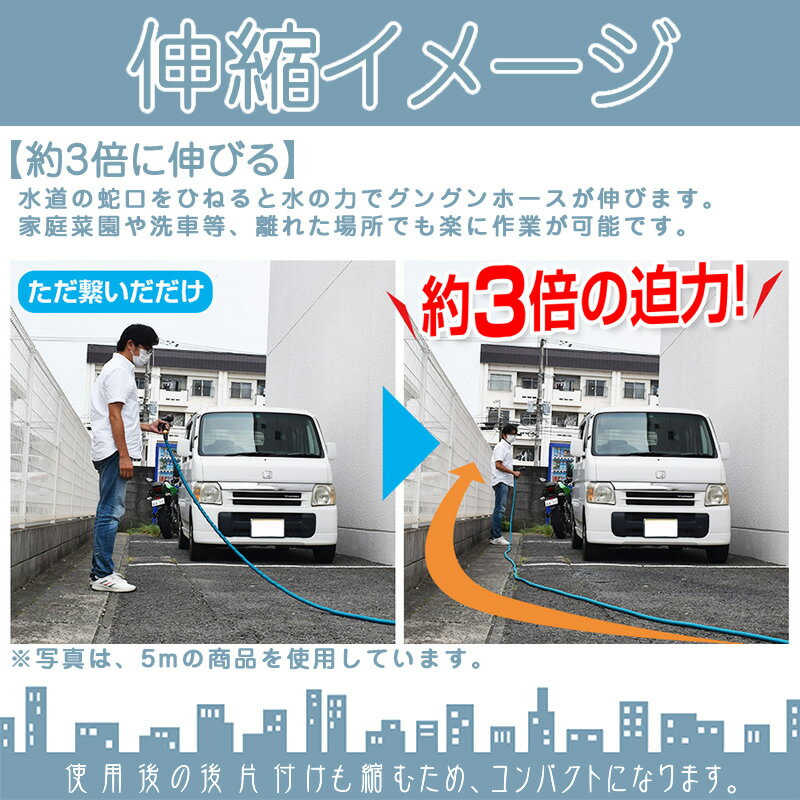 ホース 伸びるホース 伸縮ホース 3倍 伸びる 改良版 魔法のホース 約5m→15m 超軽量 ホースリール びっくりホース ノズル コンパクト収納 洗車 水まき 水撒き ガーデニング 家庭菜園 庭 ベランダ 玄関 散水 大掃除