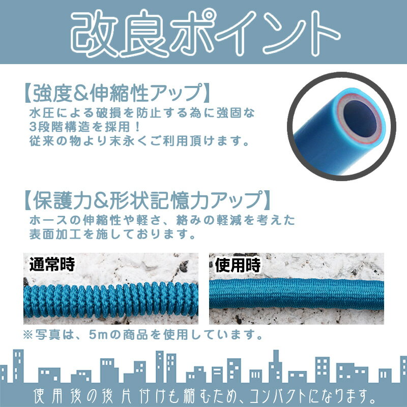 ホース 伸びるホース 伸縮ホース 3倍 伸びる 改良版 魔法のホース 約5m→15m 超軽量 ホースリール びっくりホース ノズル コンパクト収納 洗車 水まき 水撒き ガーデニング 家庭菜園 庭 ベランダ 玄関 散水 大掃除