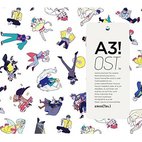 A3! OSTemonエモン えもん　発売日 : 2018年8月22日　種別 : CD　JAN : 4988013181311　商品番号 : PCCG-1705【商品紹介】500万DL突破!大人気イケメン役者育成ゲーム『A3!(エースリー)』、初のオリジナルサウンドトラック発売!BGMの制作はemon(Tes.)が担当。テクノポップユニットTes.として活動。VOCALOIDを使ったオリジナル曲の作成や、楽曲提供なども行っている。【収録内容】CD:11.starting line2.Insert the sunshine3.ReAnimation4.Candy Noisily5.Slowly flowing6.The sound of water7.Tracking8.jubeln9.un jour10.lumiere lineaire11.Premier floraison12.passion tranquille13.L'espoir et la joie14.Alley15.Blanc du ciel16.Tender vent17.dune18.bus de nuit19.Silver world20.etoiles mignon21.jeu Drop22.helix23.nuit mysterieuse24.horloge25.Defile de pirate26.Danser dans le ciel nocturne27.Fang
