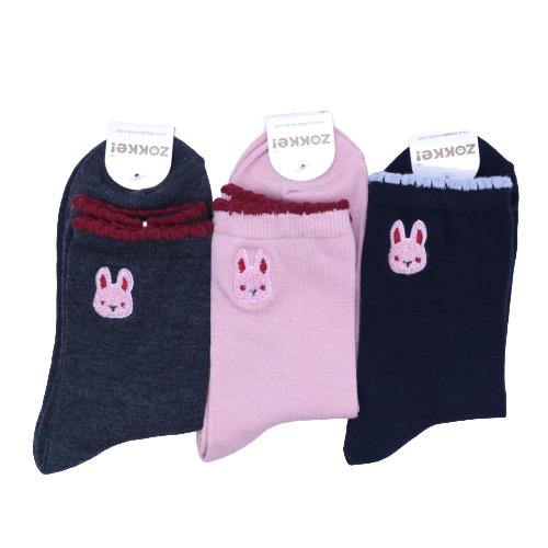 【送料無料】 クルーソックス ウサギの刺繍入り (グレー・ピンク・ブラック) (23-25cm) (3足セット)みっとめるへん社