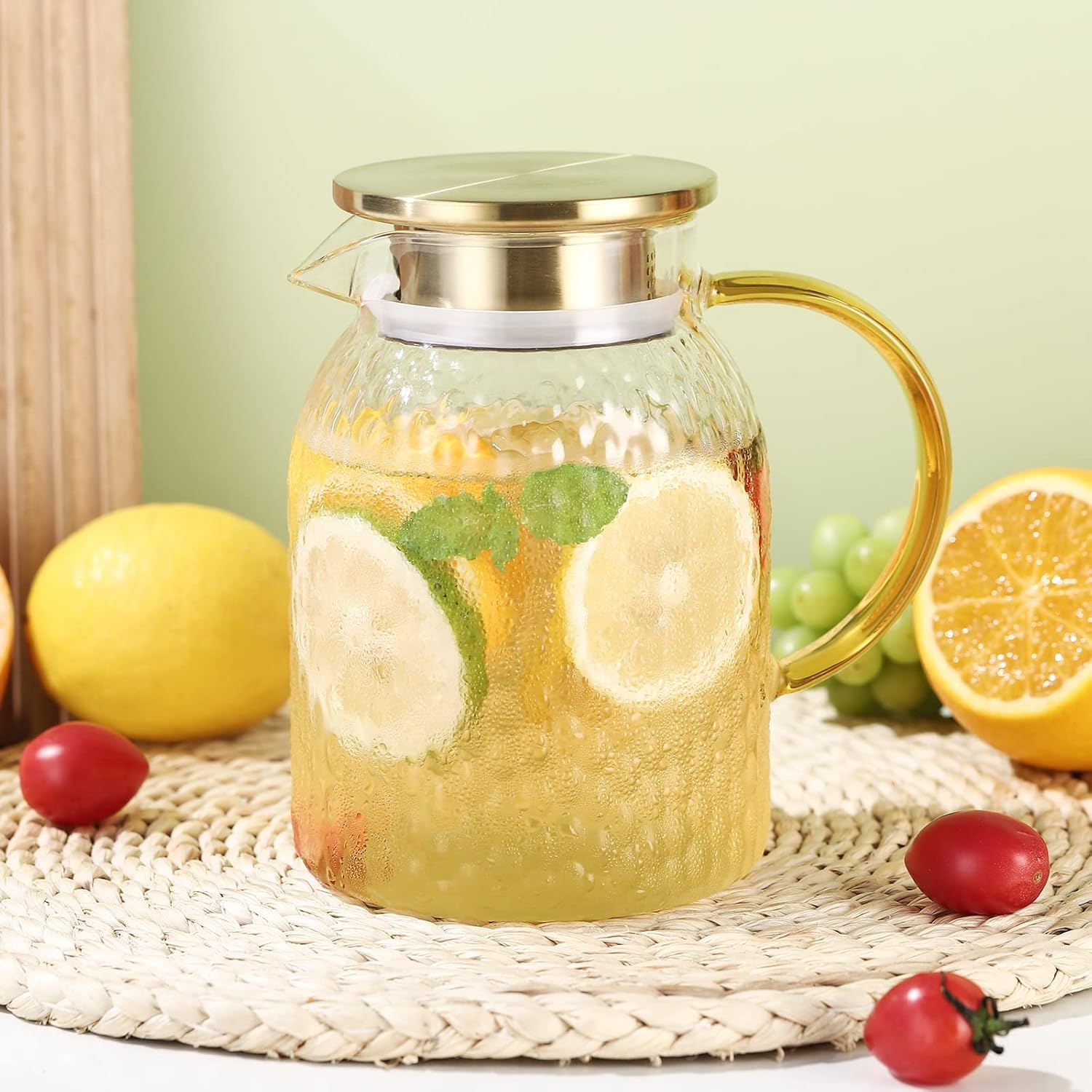ガラス ピッチャー 蓋付き 耐熱 大容量 2WAY注ぎ口 冷水筒 麦茶ポット 冷蔵庫対応 ウォーターピッチャー