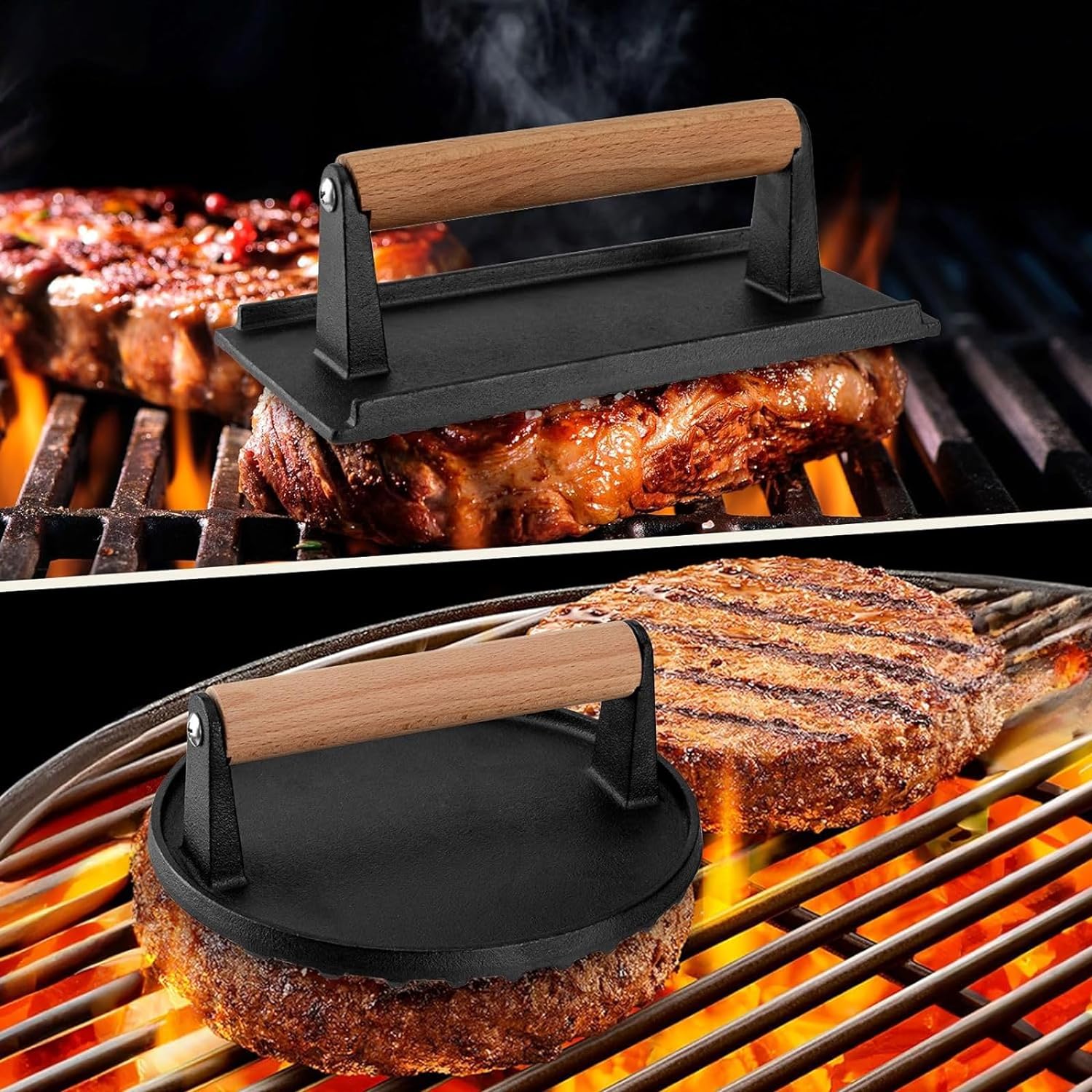 【ブラックフライデー｜P5倍＆クーポン｜11/27まで】 ミートプレス 鋳鉄 肉押え ハンバーガープレス 木..