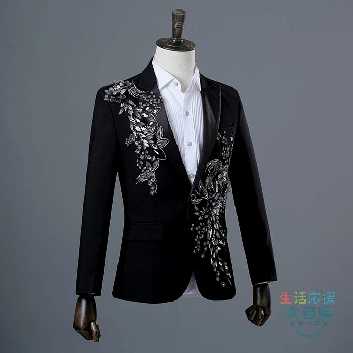 ステージ衣装 メンズ スーツ セットアップ カラースーツ ジャケット パンツ 2点セット スパンコール 立体花飾り 舞台衣装 タキシード