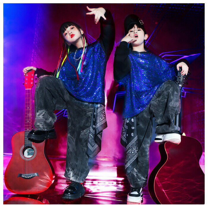 【ブラックフライデー｜P5倍＆クーポン｜11/27まで】 ドラム演出服 ユニセックス セットアップ スパンコール ジャズ ダンス衣装 子供ストリートダンス ヒップホップ トップス デニムカーゴパンツ 舞台 団体服
