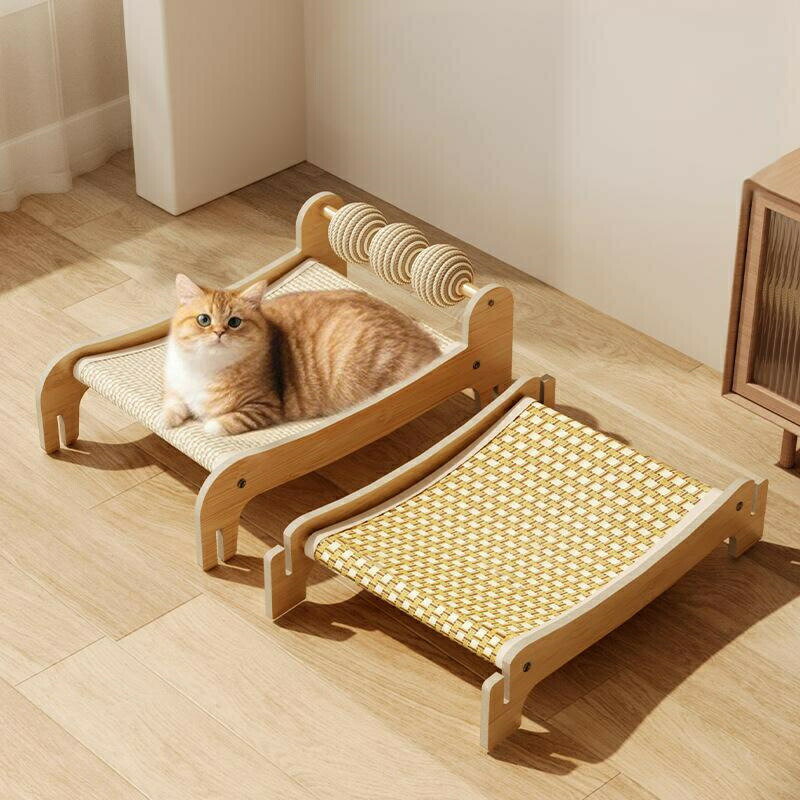 ペットデッキチェア ペットベッド 猫用リクライニングチェア 木製 サイザル麻 爪とぎ キャットハンモック 猫家具 自然素材 通気性 ひんやり