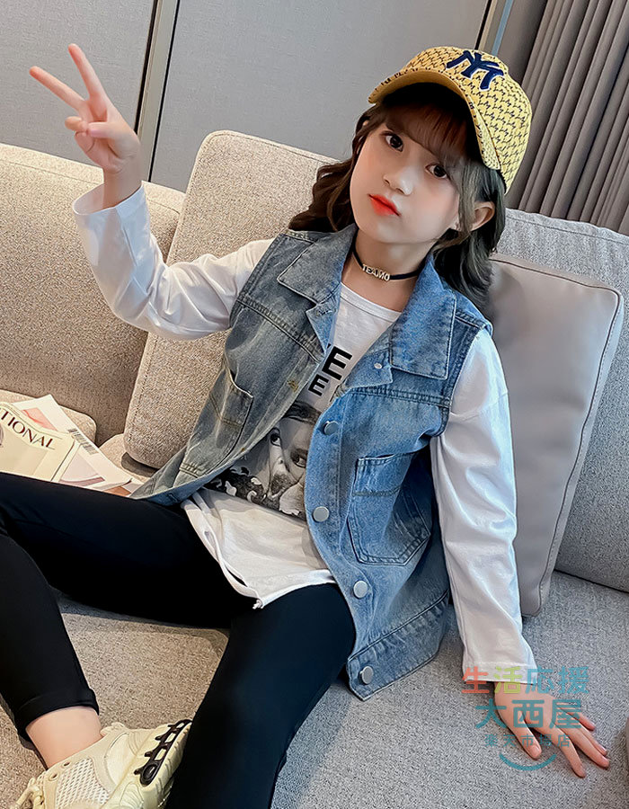 ＼期間限定SALE開催中／ 韓国子供服 女の子 デニムベスト ノースリーブ ラペル 個...