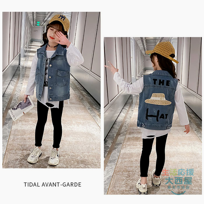＼期間限定SALE開催中／ 韓国子供服 女の子 デニムベスト ノースリーブ ラペル 個...