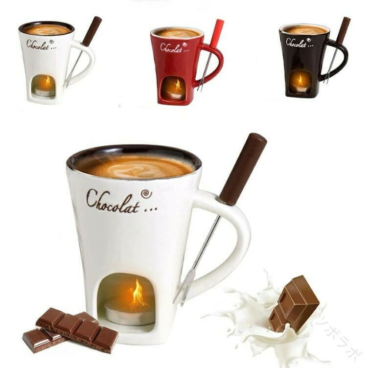 チョコフォンデュマグ チーズフォンデュ鍋 バターウォーマー メルティングマグ コーヒーカップ ホーク付き コンパクト ギフト バレンタイン 記念日