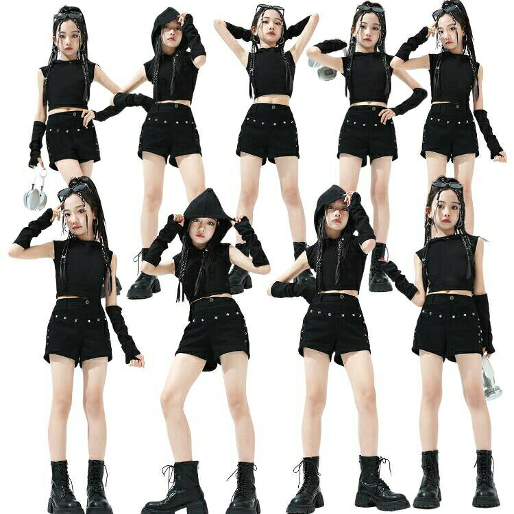 樂天商城 - キッズダンス衣装 セットアップ 黒 トップス へそ出し フード付き アームカバー ショーツ 女の子 ガールズ