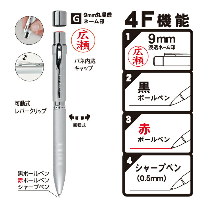 スヌーピー 4Fメタル ネームペン（認印＆ボールペン赤・黒＆シャープペン）★印面付でお届け シャチハタ式 グッズ ネーム印 別注品 浸透印 ネーム9 印鑑 スタンプ はんこ ギフト プレゼント 訂正印