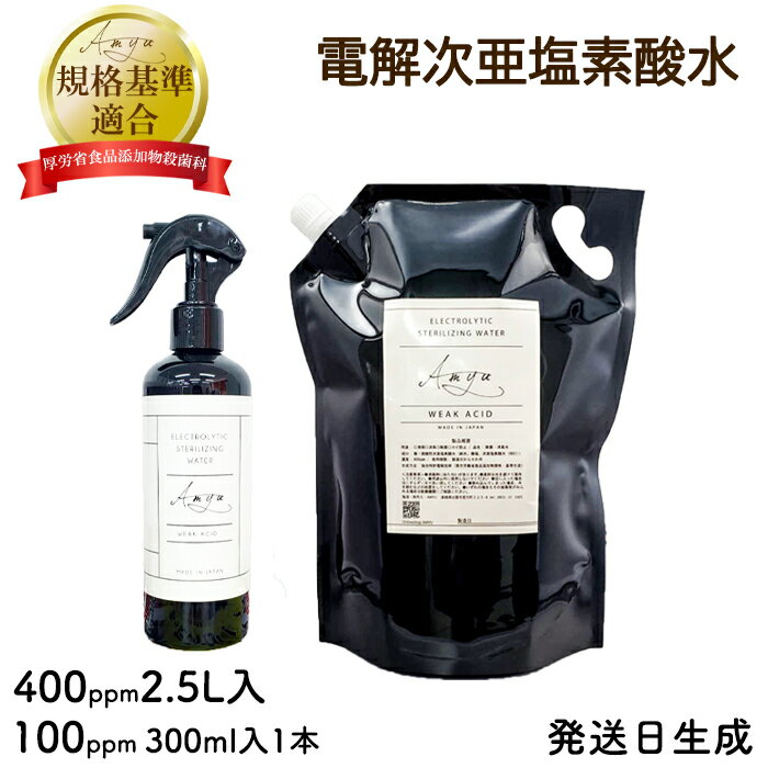 AMYU 電解 次亜塩素酸水【電気分解方式・弱酸性】 400ppm 2.5L＋100ppm スプレーボトルセット　送料無料 遮光性　　除菌セット 除菌・消臭スプレー 噴霧器 遮光性 黒 パウチ お得 花粉 風邪 ウイルス 掃除 うがい