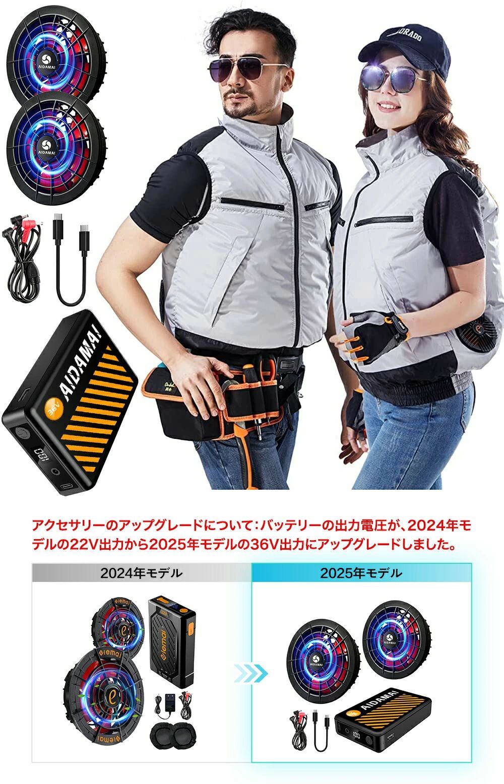 商品概要: メイン素材: 100% ポリエステル 素材構成: 100% ポリエステル 【ファン付きベスト】一番人気なファン付きベストは今年真夏に初めて登場します。 生地裏にチタンコーディングを施すことによって、紫外線を防ぐUVカット素材を使用、紫外線によるダメージの99%を防ぎ、暑さの根源を徹底的に遮断、圧倒的な涼しさを実現！通常素材作業服より平均9℃温度を下げる効果を実現しました。直射日光からを守り快適に屋外作業ができます。作業中の体温上昇を抑える効果があります。夏に着ても蒸し暑くなりません。また、生地と肌の間に刺激がなく、湿疹などの心配がありません。長時間着用しても、身体への負担が少ないので気軽に着用できます。保冷剤パック用のポケットを全仕様で標準装備！利用して更に体を冷やすことができます。 【風力強化】前面カバーが外せるので、お手入れもラクラク。常に清潔で快適な風をお届けします。お手入れるする前に必ずフアンの電源を切って下さい。小さいドライバーで前カバーのネジ（1か所）を外します（ドライバーが付き）。独自の研究による、フアンカバーの特殊形状、新構造の外観 、フアンの表面積を広くとり、風を遮らなくてより直進性の高い風量を作り出します。最新バージョンで5つの大型ファンブレードにアップグレードして、より大きいな風量が出るが、より静かです。36V高出力リチウムバッテリーと組み合わせることによって、風力はいっそう強くなります。空気循環をすばやく強化し、体温を下げます。エアコンがない場合にすごく役立ちます。 【バッテリー機能アップデート】：2025年電池は新開発高電圧出力36V超大容量25000mAH登場！LED液晶ディスプレイを搭載し、バッテリー残量と出力電圧をリアルタイムかつ正確に表示します。人間工学に基づき、バッテリーの両側に適度な凹みを設け、抜群の快適な持ちやすさを体感。高性能の定電圧電池を採用しているので、電池が切れるまで安定した風を提供できる。従来のフアン電池残量がなくなると、風が弱くなり、風力調整をしても効かない。シンプルで直観的な操作性です。バッテリーのスイッチを長押しするとスイッチが入り、18V-24V-30V-36Vに切り替わります。バッテリーは新開発高電圧出力36V超大容量25000mAH、PSE認証を取得したバッテリー品質と安全性が高い、人体に危害がありません。長期間安心してお使いいただけます。 【熱中症対策】36V対応最大風量161L/秒で約5時間連続動作可能です。扇風機の風量が4段階と切り替えます。バッテリーのスイッチを長押しするとスイッチが入り、ファンが回転します。スィッチを押すと、18V-24V-30V-36Vに切り替わります。お好みの電圧（風量）に調整してください。猛暑の夏に、工場や屋外作業などエアコンの使用できない環境で作業する人たちへの熱中症対策の商品です。高温の環境でも楽に仕事して作業効率を上げることができます。うれしい付属品ファン防塵カバーがファンを汚れから守ります。粉塵が舞う現場作業において、ファンに取り付けるだけで、粉塵などからファンを守ってくれます。 【セット内容と安全保証】作業服*1、扇風機*2、接続ケーブル*1、電池*1、充電器*1 、ファン防塵カバー*2、日本語取扱説明書/保証書*1、当社製品は12ヶ月の保証期間がございます。技術基準適合証明や電気用品安全法（PSE）の認証済みです。本製品に日本語の取扱説明書が付き、技術サポートを提供し、何か問題がありましたら何時でもお問い合わせください。 注意事項: ファン付き作業服は洗濯機でお洗濯が可能です。洗濯前に、電池、扇風機、電源ケーブルを取り外してください。 保証について: ご購入日から一年間には、製品に不具合が生じた場合は、または何がご不明なところがございましたら、弊社までご連絡ください。 発送について: この商品が弊社のアマゾンのFBA倉庫からご配送 PSマークの種類：PSE【ファン付きウェア】 一番人気なファン付きベストは今年真夏に初めて登場します。 生地裏にチタンコーディングを施すことによって、通常の作業服よりも有害な紫外線を約95%以上カットします。直射日光からを守り快適に屋外作業ができます。作業中の体温上昇を抑える効果があります。通常素材ウエアより平均9℃温度を下げる効果を実現しました。いくつかの細心の注意を払って作らています。各製品の各部分は、製品の構造と外観の主張に適した材料を採用するために、原材料の選択、研磨、成形など複数のプロセクスを経て選択されます。 【業界トップクラス36V大風量】 36V高出力リチウムバッテリーと組み合わせることによって、風力はいっそう強くなります。空気循環をすばやく強化し、体温を下げます。エアコンがない場合にすごく役立ちます。 新モデルフアン外観構造で風を遮らなくて、フアンの表面積を広くとり、高い風量を作り出します。独自研究による、フアンカーバを外して清掃可能です。常に清潔な風をお届けします。 上質な高密度ABS素材、高性能全銅芯モーターを採用し、圧倒的な省エネ性能を実現しています、回転音が気にならない静音設計です。 うれしい付属品ファンフィルターがファンを汚れから守ります。粉塵が舞う現場作業において、ファンに取り付けるだけで、粉塵などからファンを守ってくれます。 【NEW 業界高電圧出力36V】 高電圧出力36V大容量25000mAh 、LED電源残量と出力電圧付き。パワフルな涼しさを発揮する、強力の新開発22Vパワーバッテリー登場！ 36V高電圧出力大容量を残した状態で再度を始めると電池の容量が減少する症状が起こらない。電池構造が崩れることがなく、良好な繰り返しの充電が可能です。電池特有である後半の電圧低下をリバイバル機能でサポート！ 人間工学に基づき、バッテリーの両側に適度な凹みを設け、抜群の快適な持ちやすさを体感。強固な加工を施した外装および高品質な内部の部品により、擦り傷や落下時の衝繋に強い耐久性能を実現しました。 【高品質感満点】 当社の製品追求はそれだけに留まりません、スタイリッシュ見た目デザインと使いやすさもルバッテリーを購入する決め手です。バッテリーは耐高温素材を採用、指紋がつきにくい質感、高級感に溢れているなデザインで、バッテリーはLED残量表示が搭載、電源ボタンを押して確認できる、使うときにバッテリーの残量が無いといった不安を解消します。当社はお客様への使用感を重視しているため、温度管理、過充電保護、過放電保護、過熱防止、漏電保護など複数の保護システムを備え、これまで最も耐久性に優れたバッテリーを生み出す。当社は無期限のカスタマーサポートで、万が一製品に関する問題ありましたら、弊店にご連絡頂ければ弊社より早速に解策をご案内します！ 【バッテリー大幅容量と出力電圧アップ】 出力電圧が36Vにアップ、長い稼働時間＆最強段階36V連続稼働時間約5時間です。毎秒161リットルの風量を発揮するハイスペックバッテリー。バッテリー容量が25000mAhにアップ、約4時間の急速充電にアップデート。人間工学に基づき、バッテリーの両側に適度な凹みを設け、抜群の快適な持ちやすさを体感。強固な加工を施した外装および高品質な内部の部品により、擦り傷や落下時の衝繋に強い耐久性能を実現しました。 【ホコリの発生を抑え可能】 ファン防塵カバーが2枚ついてきます！ほこり?汚れの付着を防ぐ！粉塵が多い現場に！多様なメーカーのファンに対応可能。取り付けが簡単、フィット感 抜群！ゴミ収集や木工作業等々にはピッタリ！平日のお手入れも簡単になり、ファンの掃除に悩んでいるお客様にお薦めです。 【業界超高電圧出力36V】 当社は持続的に製品の更新交替を追求し、ユーザーにもっと良い使用体験を提供します。進化し続けるファン バッテリーセットが猛暑日で衝撃的な涼しさを応援するのはもちろん、バッテリーにはUSB出力端子があり、モバイルバッテリー給電も便利です。36V超強力ファン搭載、低騒音しながら、トップの 大風量を達成しました。更に、ファンの風量は18V-24V-30V-36V という4段階があり、仕事環境によって適切な風力をワンタッチで簡単に調整できます。ぜひ業界第一の冷却体験をお楽しみください。