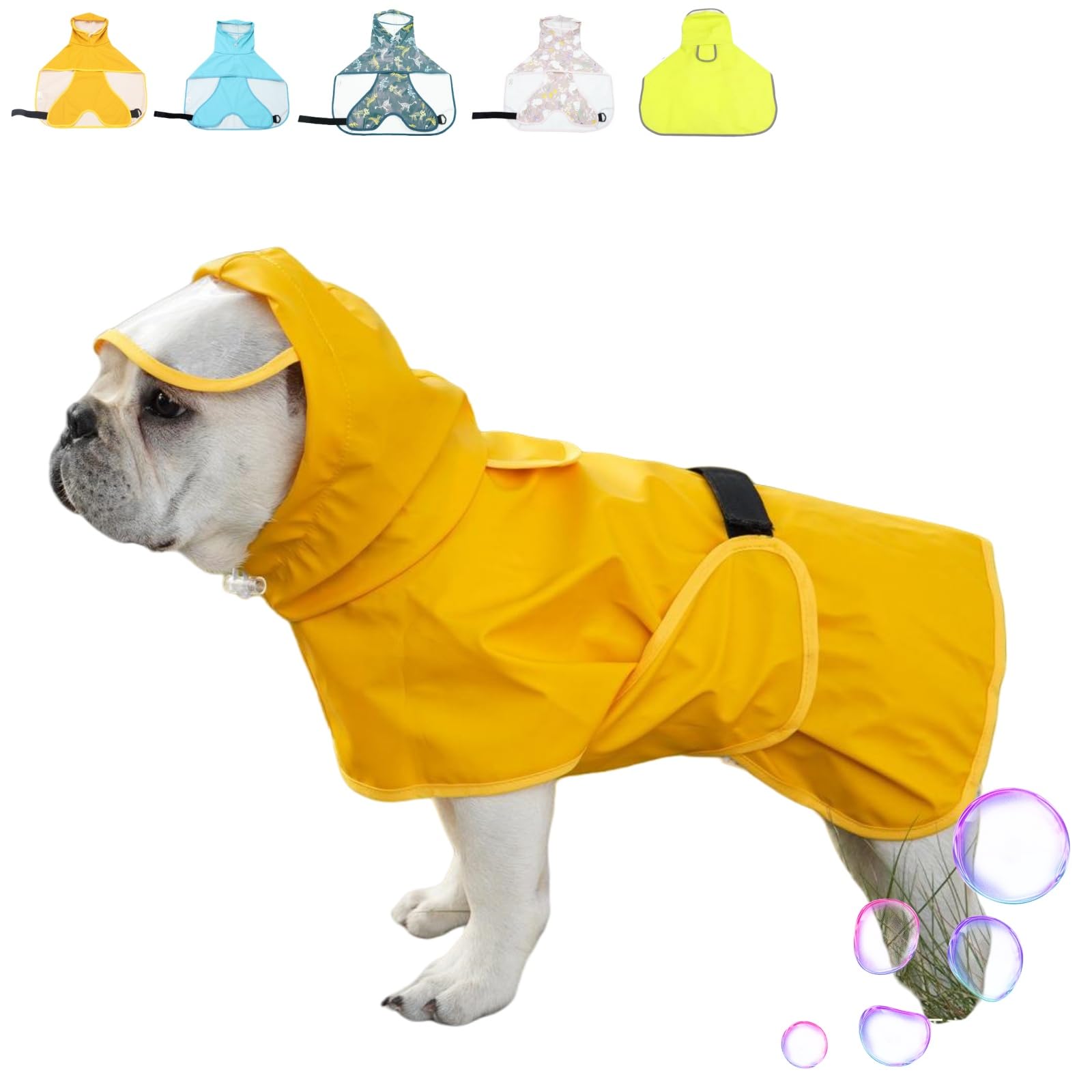 ・素材:PU生地、PVC(フード) ・サイズ:Mサイズ ・対応体重:2-3kg ・機能:防水、防風、通気、速乾、透湿、防塵 ・加工:撥水加工、ホットプレス防水加工(縫い目) ・仕様:透明フード、マジックテープ、スナップボタン、リード穴付き