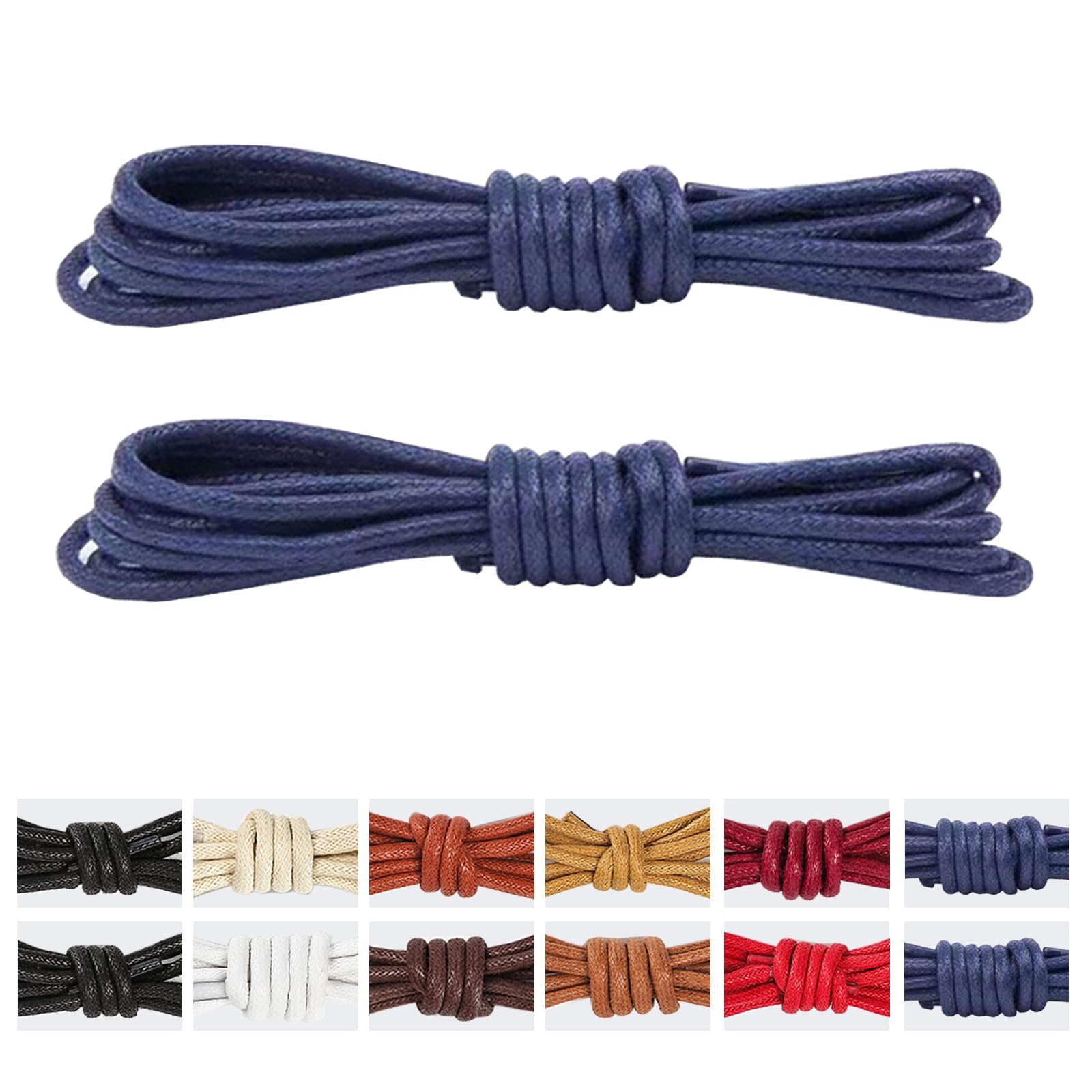 ・形状:丸紐 ・素材:コットン(ワックス仕上げ) ・幅:3mm ・長さ:60cm、70cm、80cm、90cm、100cm、110cm(2~4cmの誤差あり) ・カラー:10色(ブラック、ブラウン、カーキ、レッド、ベージュ、ネイビー等) ・入数:2足分(4本)