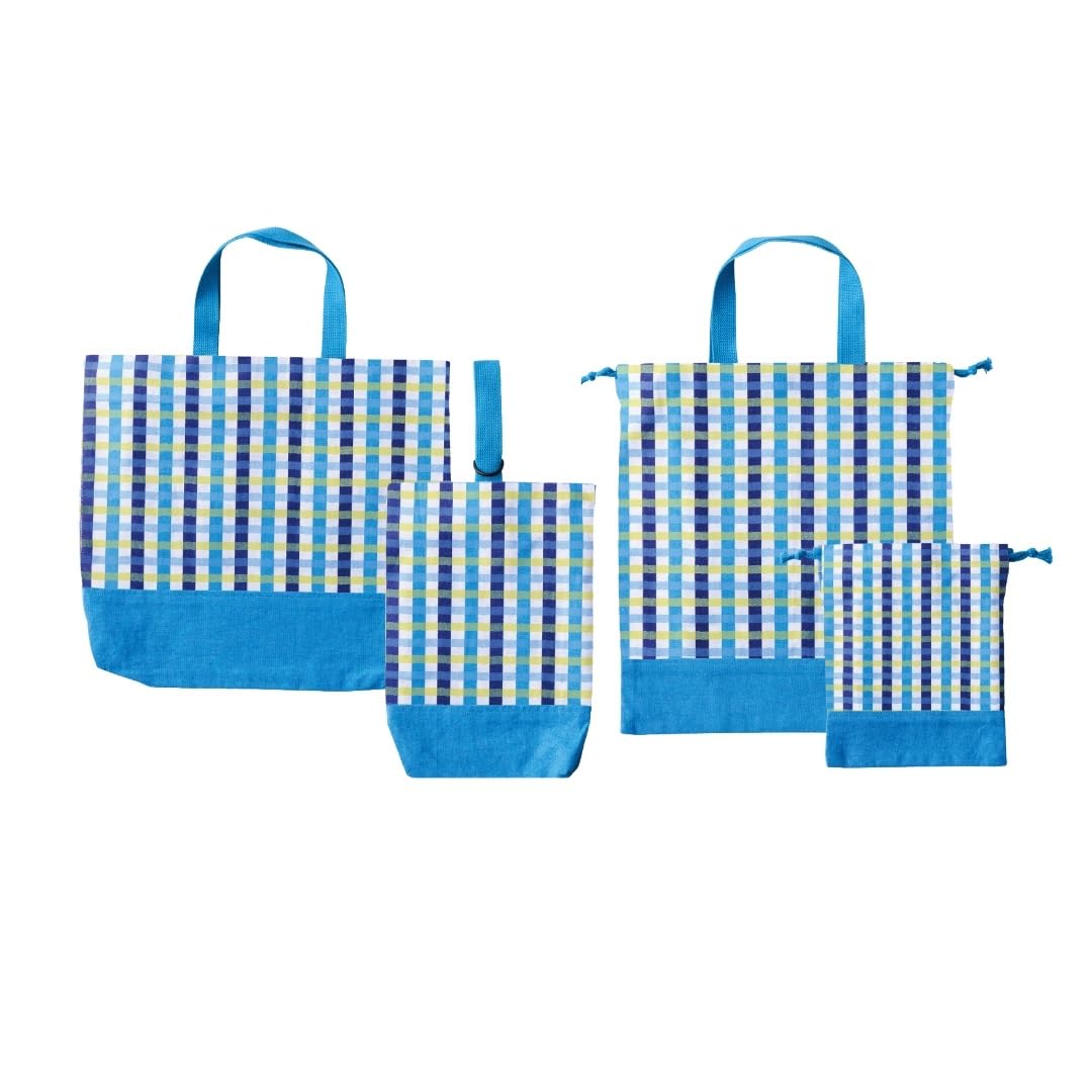 Lesson Bags - レッスンバッグ 4点セット 入園入学セット 体操服袋 上履き入れ 巾着 小学校 保育園 幼稚園 洗濯機OK ネームタグ付 キッズ 子供 チェック ブルー
